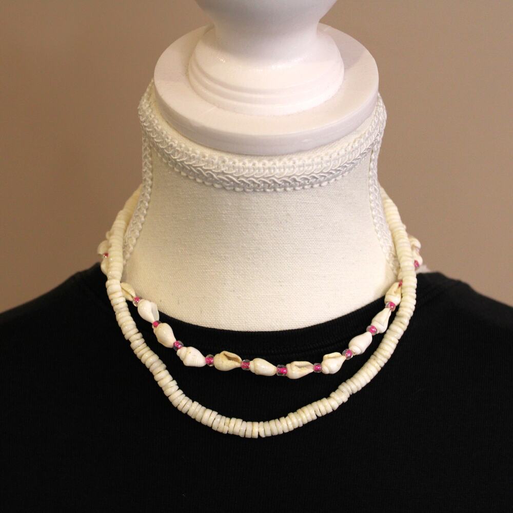 Hawaiian Puka Shell & Nassa Shell with Pink Glass Beads Necklaces Set 16"